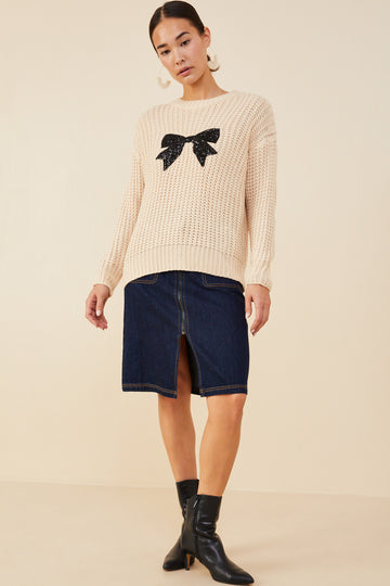 HY8339 Ivory Womens Low Gauge Sweater with Sequin Bow Patch Full Body